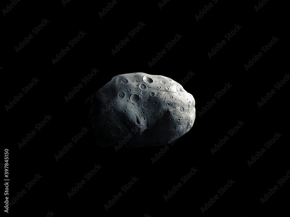 Asteroid with many craters in space. Asteroid isolated on a black background 3D illustration Asteroid with many craters in space. Asteroid isolated on a black background 3D illustration
