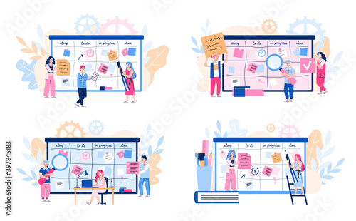 Set vector illustrations with concept of agile development. Scrum team using kanban methodology works on business project. People sticking papers on board for analyzing strategy task