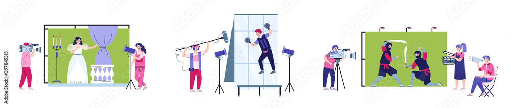 Film making scenes with team of actors, cameraman, sound engineer and director with assistant. Entertainment movie production in film studio. Set of vector flat illustrations.