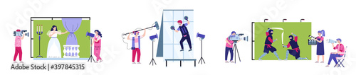 Film making scenes with team of actors, cameraman, sound engineer and director with assistant. Entertainment movie production in film studio. Set of vector flat illustrations.