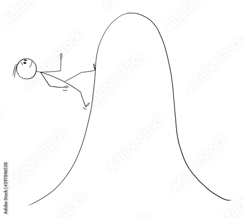 Vector cartoon stick figure illustration of man or businessman walking uphill or up to steep mountain. Concept of success, planning, financial market.