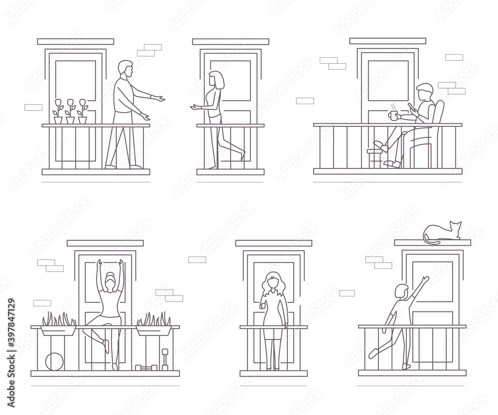 Characters People Stand on Balconies Concept Contour Linear Style. Vector