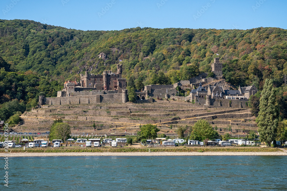 Campsite in front of Reichenstein Castle in Trechtingshausen on the Rhine