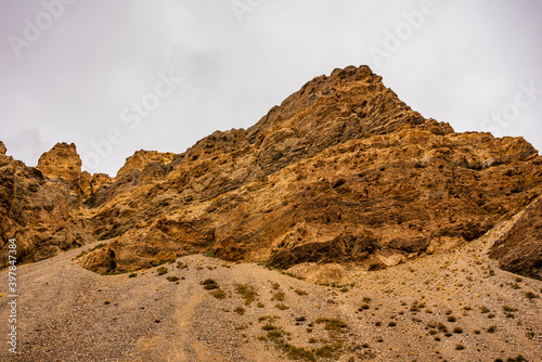 Wind eroded landscape in arid cold desert of Lahaul Spiti in Trans Himalayas. Wind erodes Earth's surface by deflation i.e removal of loose,fine grained particles & abrasion by windborne particles.