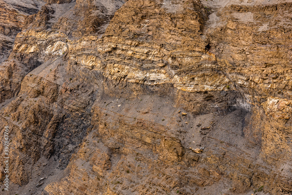 Rocks banding pattern of stratification in sedimentary rocks due to changes in texture or composition during deposition at Himalayas of Spiti . Sediments tells environment in which the rock formed.