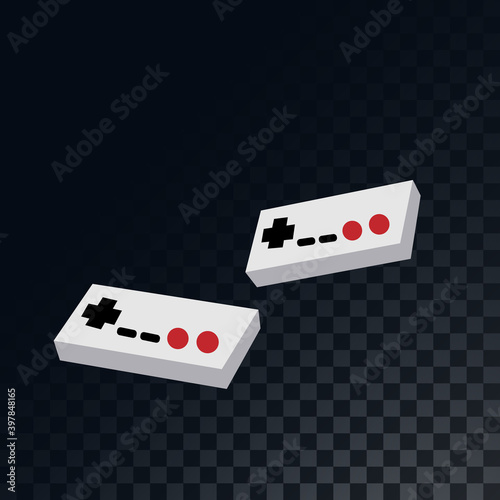 Old retro vintage gaming joysticks for video games from the 70s, 80s, 90s on a translucent, dark, checkered gray background of squares. illustration