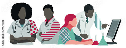 vector set of afroamerican persons, scientist in laboratory with bottle and microscope 