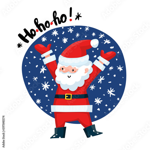 Funny Santa Claus with HoHoHo text. Cute cartoon Christmas card.