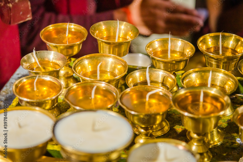 Butter diya or lamps of brass used in tantric rituals or as offering in Tibetan Buddhism is conspicuous feature of Tibetan Buddhist temples and monasteries in the Himalayas of Spiti valIey of India.