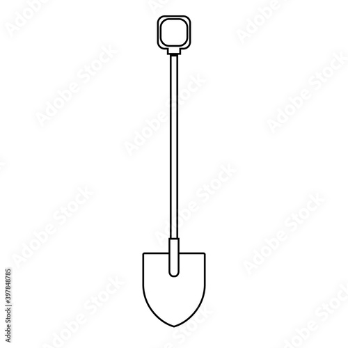 Black and white icon of a construction agro beautiful sharp bayonet shovel with a wooden handle for digging the ground. Garden tools on a white background. illustration © Bolbik