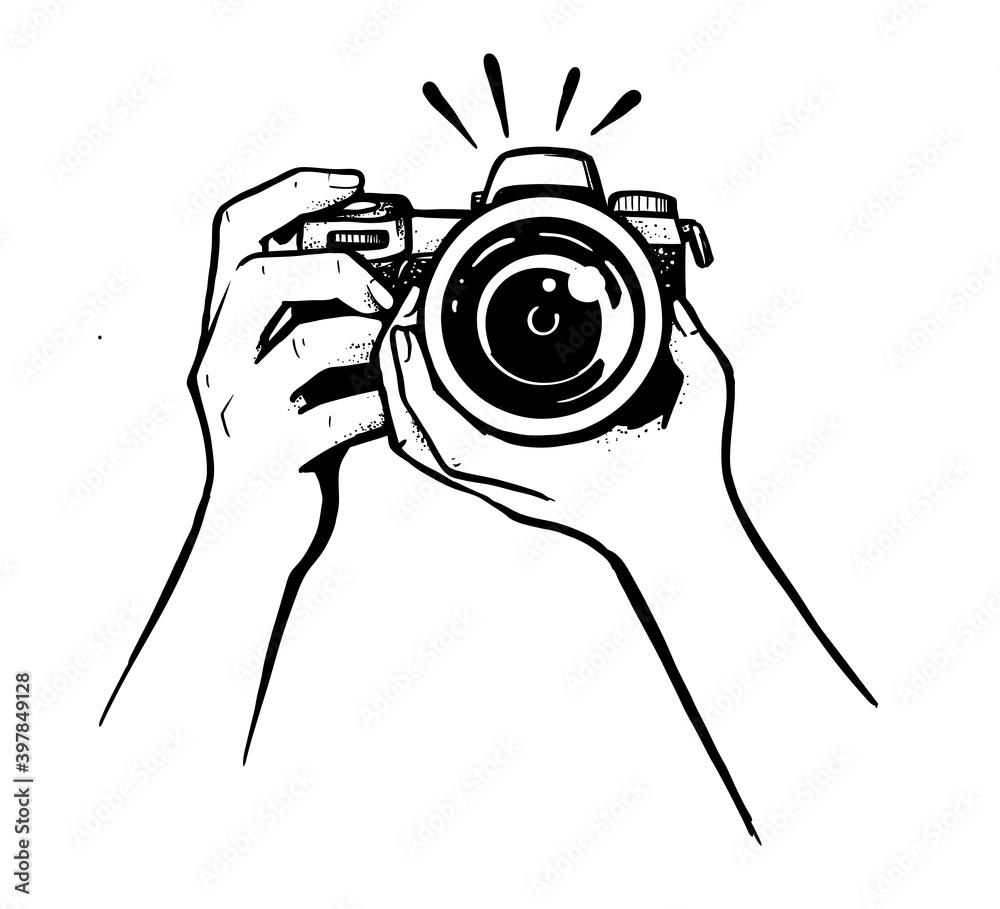 Female hand holding camera on white background stock vector adobe stock