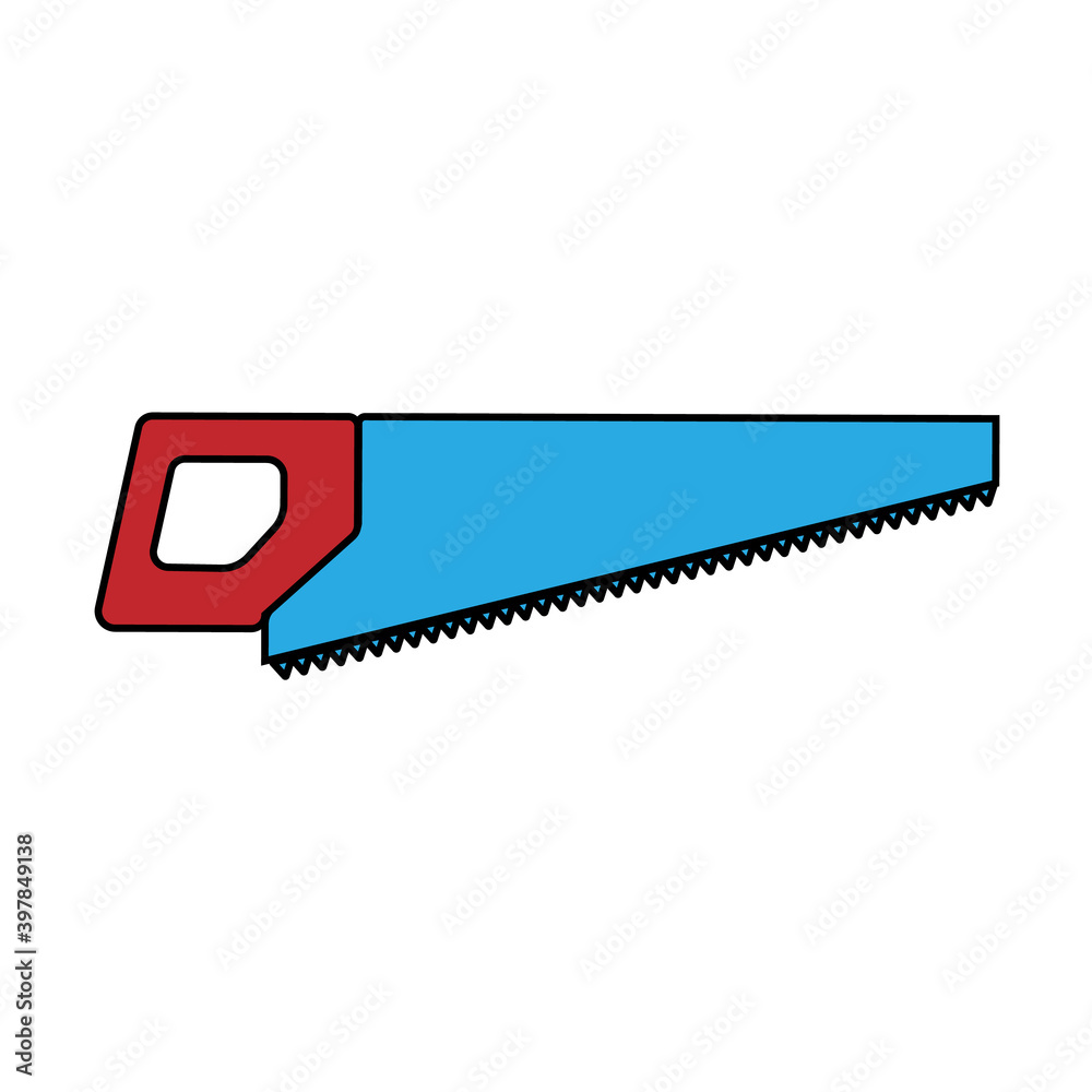 Acute construction blue and red metal icon of a hand saw, wood saws with prongs and a handle for cutting wood. Construction tool. illustration Acute construction blue and red metal icon of a hand saw, wood saws with prongs and a handle for cutting wood. Construction tool. illustration