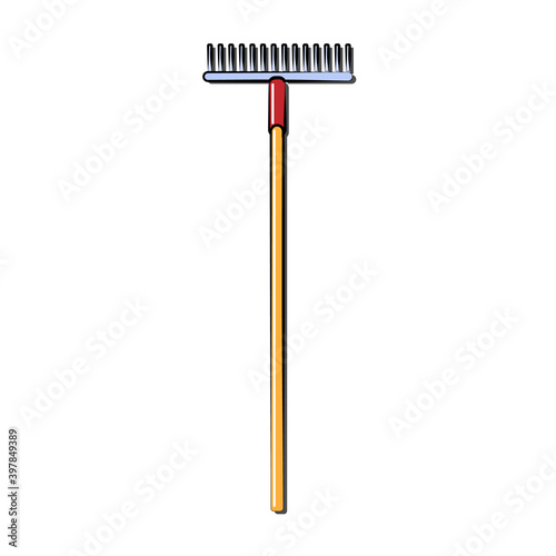 Construction yellow and red icon of an agricultural rake by a wooden handle intended for cleaning leaves. Construction tool. illustration