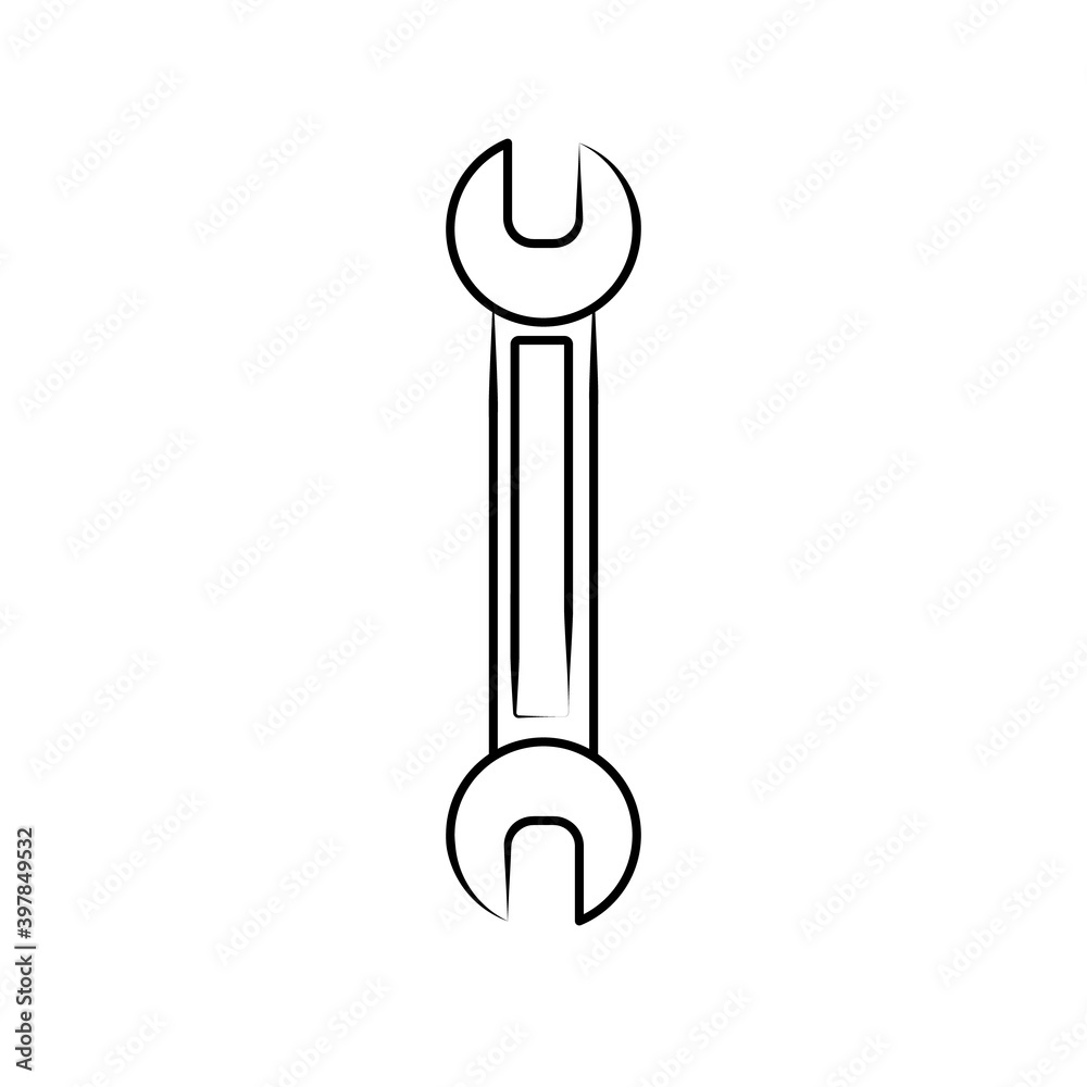 Construction black and white icon of a water open-end spanner designed to tighten and loosen nuts and bolts for repairs. Construction metalwork tool. Construction black and white icon of a water open-end spanner designed to tighten and loosen nuts and bolts for repairs. Construction metalwork tool.