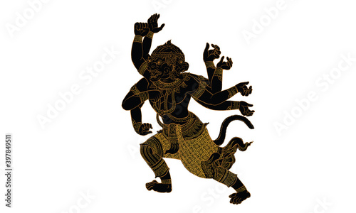 Hanuman, Thai traditional backdrop, Thai traditional painting in temple, vector © Bhanupong