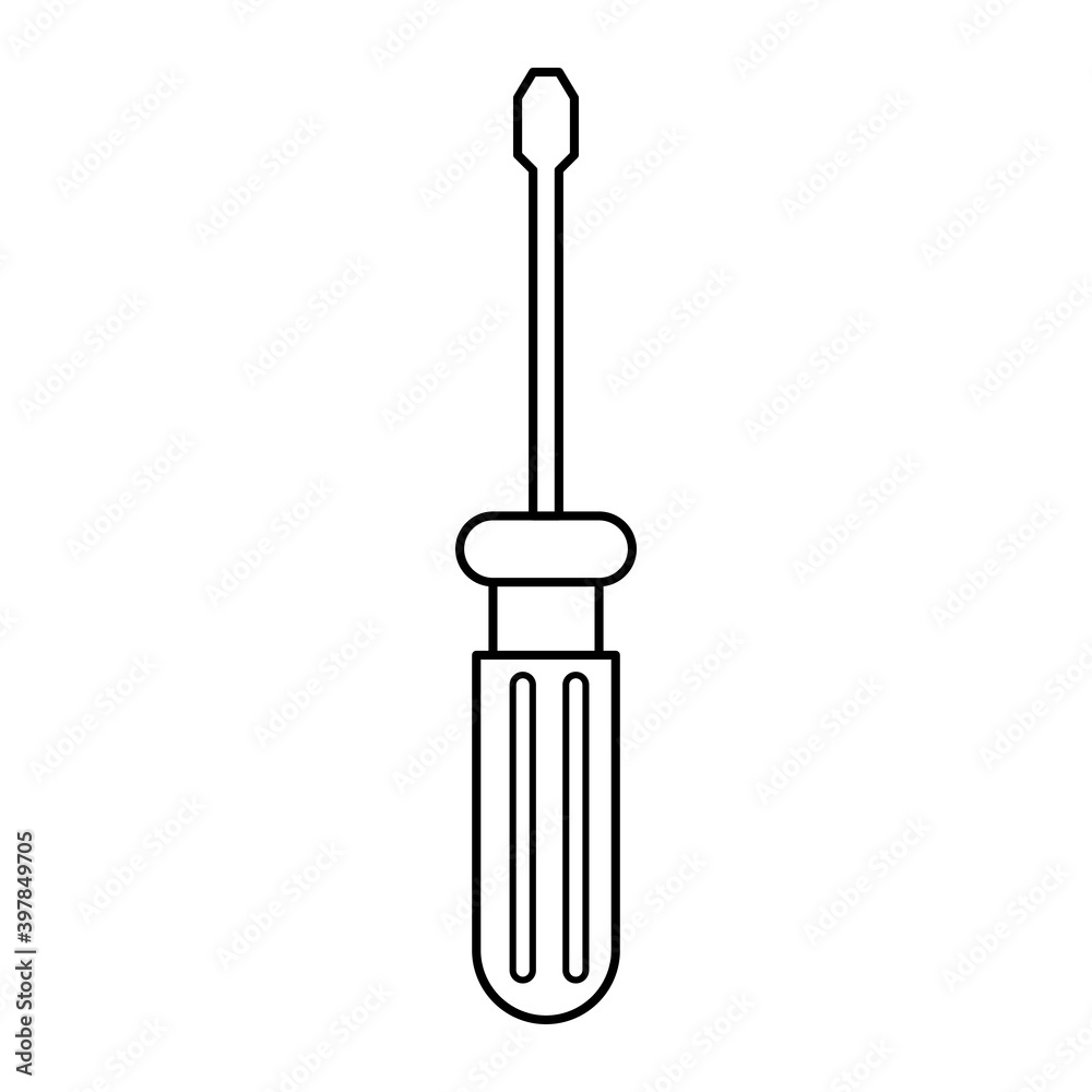 Black and white screwdriver icon with a straight or flat slot for screwing and unscrewing screws. Construction plumbing tool for the jack of all trades.  illustration