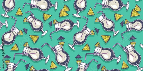 Seamless pattern wallpaper of pina colada with umbrella pineapple and straw for bar alcohol menu design