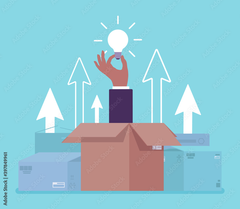 Think outside the box, hand holding bright lamp bulb. Metaphor of new successful innovation, new energy, invention, brainstorm and business inspiration. Vector creative stylized illustration Think outside the box, hand holding bright lamp bulb. Metaphor of new successful innovation, new energy, invention, brainstorm and business inspiration. Vector creative stylized illustration