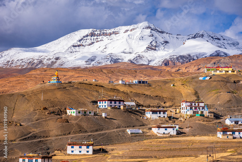 Panoramic view of Langza village in the cold desert valley of Spiti in the Himalayas of Himachal Pradesh, India. It is famous for fossils of marine animals which are in Tethys sea millions year ago.