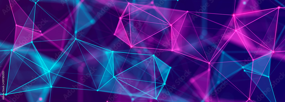 Abstract polygonal space with connecting dots and lines. Dark background. Connection structure. 3d Widescreen