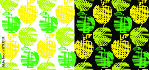 apples seamless pattern. abstract pen drawn picture on black and white background. mixed media artwork for textiles, fabrics, souvenirs, packaging and greeting cards