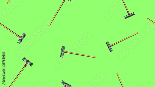 Texture, seamless abstract pattern of building garden metal wooden rake with barbs for repair, grass and foliage harvesting tool on green grass background. illustration