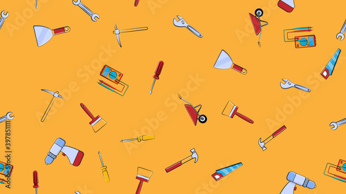 Texture, seamless pattern of a set of construction tools for repair: hammer, shovel, screwdriver, wrench, tester, brush, saw, trolley, trowel, ladder on a yellow background. illustration