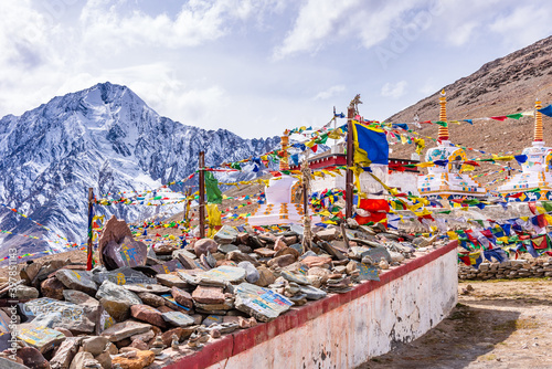 Stupa at Kunzum Pass at 4,590 m is a high mountain pass on Kunzum Range of the Himalayas connects Lahaul valley and Spiti valley from Manali in Himachal Pradesh.
