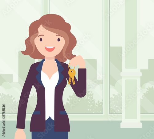 Happy smiling commercial real estate sale broker, female leasing agent. Pretty young woman holding house or new apartment keys, brokerage professional service. Vector creative stylized illustration