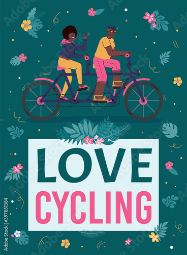 Colorful poster with couple man and woman loving cycling. Riding bike together outdoors, family activity in nature at summer or spring season. Healthy lifestyle. Vector illustration