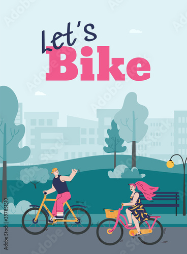 Colorful banner with couple of man and woman riding bike in summer or spring city park. Family together activity outdoors, healthy lifestyle. Vector flat illustration.