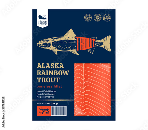 Vector trout packaging design concept. Modern style seafood illustration. Raw trout fillet in a package isolated on a white background