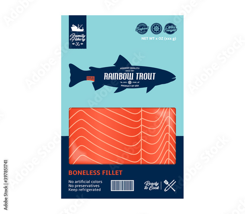Vector trout packaging design. Flat style seafood label. Raw trout fillet in a package isolated on a white background