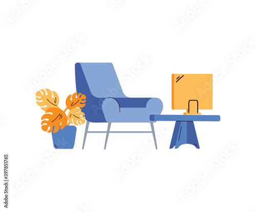 Comfortable workplace with chair and laptop on table, cartoon flat vector illustration isolated on white background. Coworking space organized place for work.