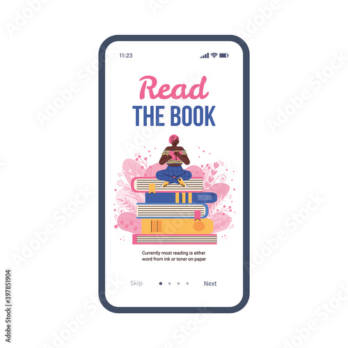 Vector mobile app interface on phone screen with literature fan, reader or student. Girl who loving to read is sitting on huge books and reading. Book festival, store or library