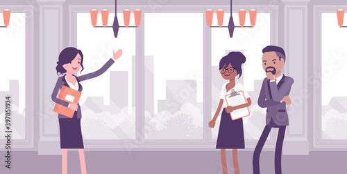 Commercial real estate sale broker, female leasing agent showing property. Woman in negotiations between buyers, sellers, finding suitable home, flat, apartment. Vector creative stylized illustration