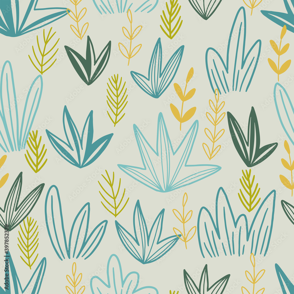 Floral hand drawn vector seamless pattern. Abstract background with branches, leaf, plants. Colorful wallpaper in doodles style. Simple botanical design for print, wrap, card, textile, fabric, decor.