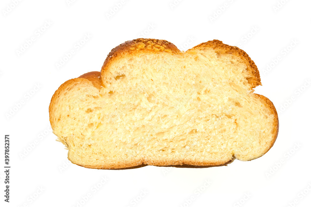 Single slice of a fresh sweet yeast bread isolated on a white background without shadows