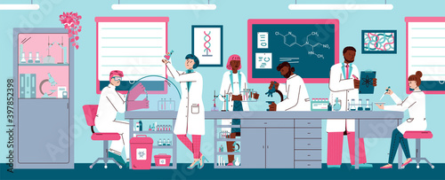 Scientists men and women working in chemical or pharmaceutical research laboratory, flat cartoon vector illustration. Experiments in biological or chemical laboratory.