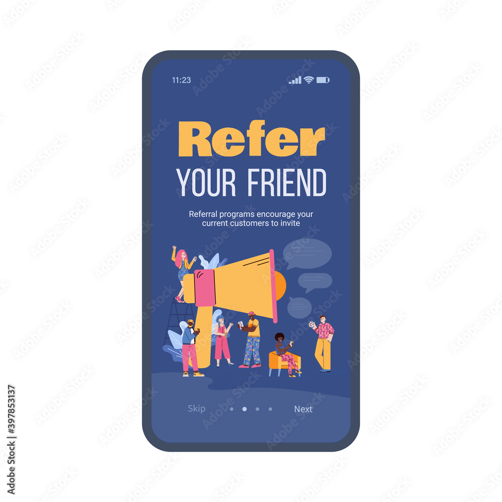 Obraz premium Mobile app on phone screen with shout in megaphone - refer your friend. Teamwork in marketing and business, sharing info between friends or colleagues. Vector flat illustration.