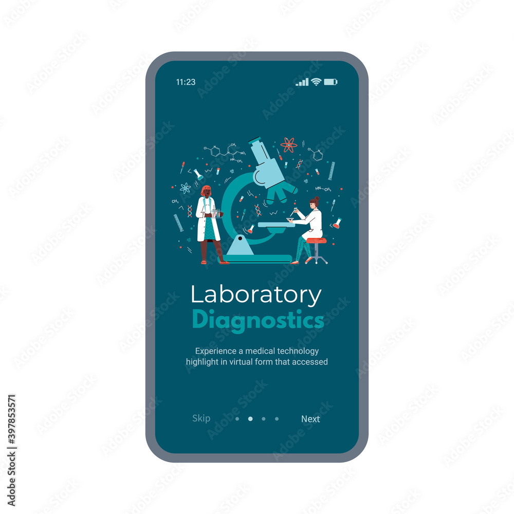 Laboratory diagnostics onboarding page template with scientists in laboratory, flat vector illustration on dark background. Medical laboratory diagnosis application. Laboratory diagnostics onboarding page template with scientists in laboratory, flat vector illustration on dark background. Medical laboratory diagnosis application.