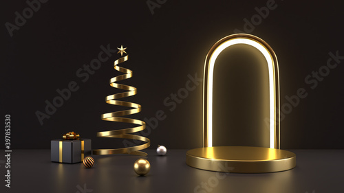 3d rendering of luxury podium with christmas trees on black background