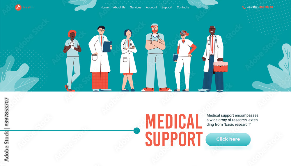 Vector design web page with concept of medical support, consultation and help distance or in hospital. Professional people doctors and nurses make research and analysis for patients