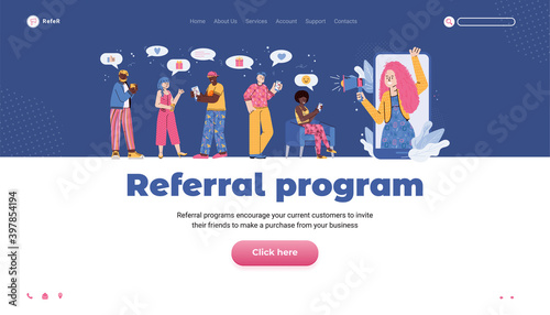 Referral program website banner template with cartoon people, flat vector illustration. Landing page design with buyers inviting friends to referral marketing campaign.