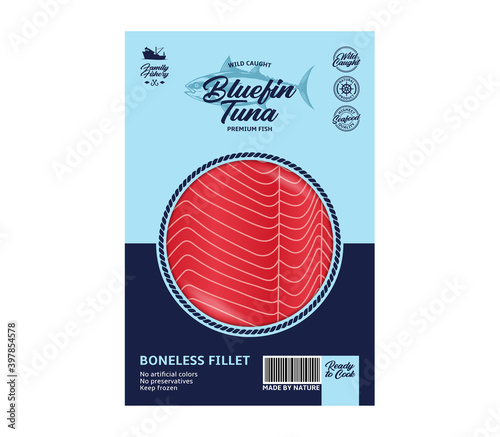 Vector tuna packaging design concept. Modern style seafood packaging illustration. Tuna fillet in a package isolated on a white background