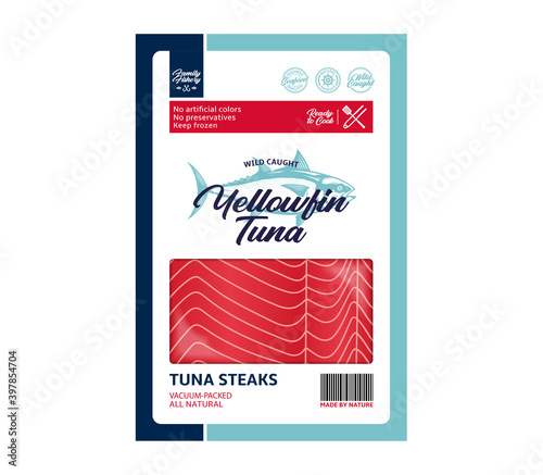 Vector tuna flat style packaging design. Tuna illustration and fish meat texture for packaging, fisheries, advertising, etc