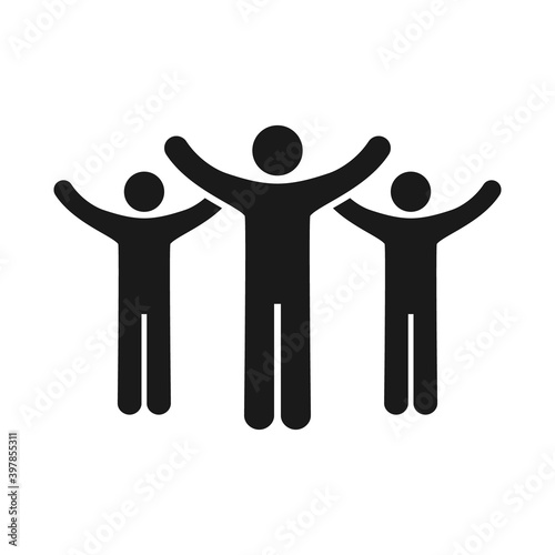 People with raised arms icon. Winners silhouette. Success teamwork concept. Hands up vector illustration. Leadership black symbol. Fans sign. Business people celebrating victory.