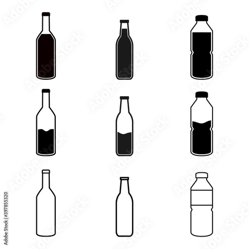Bottle icon set. Wine, beer and water bottles collection vector isolated on white. Black drink silhouette illustration.