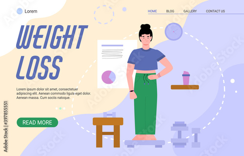 Weight loss webpage concept for nutritionist or dietitian with woman standing on scale, cartoon vector illustration. Landing page template for nutritionists services.
