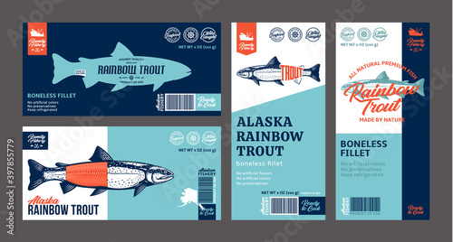 Vector trout labels and packaging design concepts. Rainbow trout fish illustrations. Flat style seafood labels for groceries, fisheries, packaging, and advertising